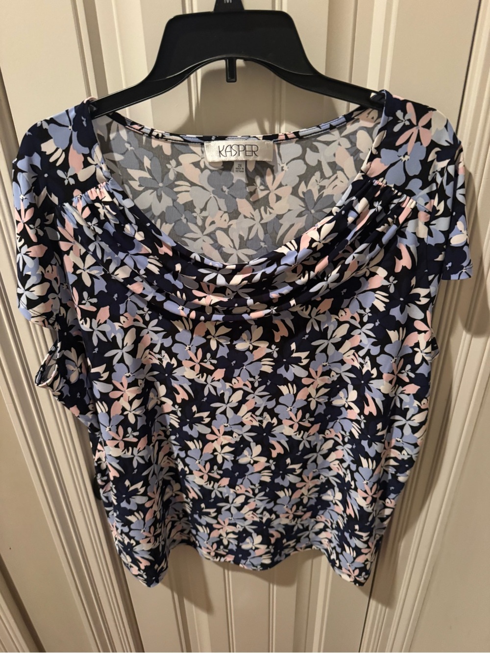Kasper Navy Floral Cowl Neck Blouse